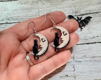 Fairytale Folklore Black Cat Moon Earrings Gothic Enchanted Beauty Spooky Vintage