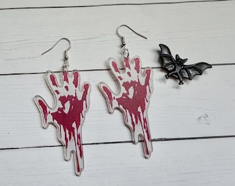 Haunt Horror Nightmare Bloody Hands Scare Fright Earrings Horror Freak Ghoul Costume Halloween