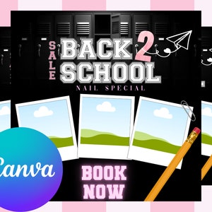 以下が含まれることがあります： ピンクの背景に「SALE BACK 2 SCHOOL NAIL SPECIAL」という黒と白のグラフィック。グラフィックには、黒いロッカーの列と、右側に鉛筆と紙飛行機が描かれています。「BOOK NOW」というテキストはピンク色です。