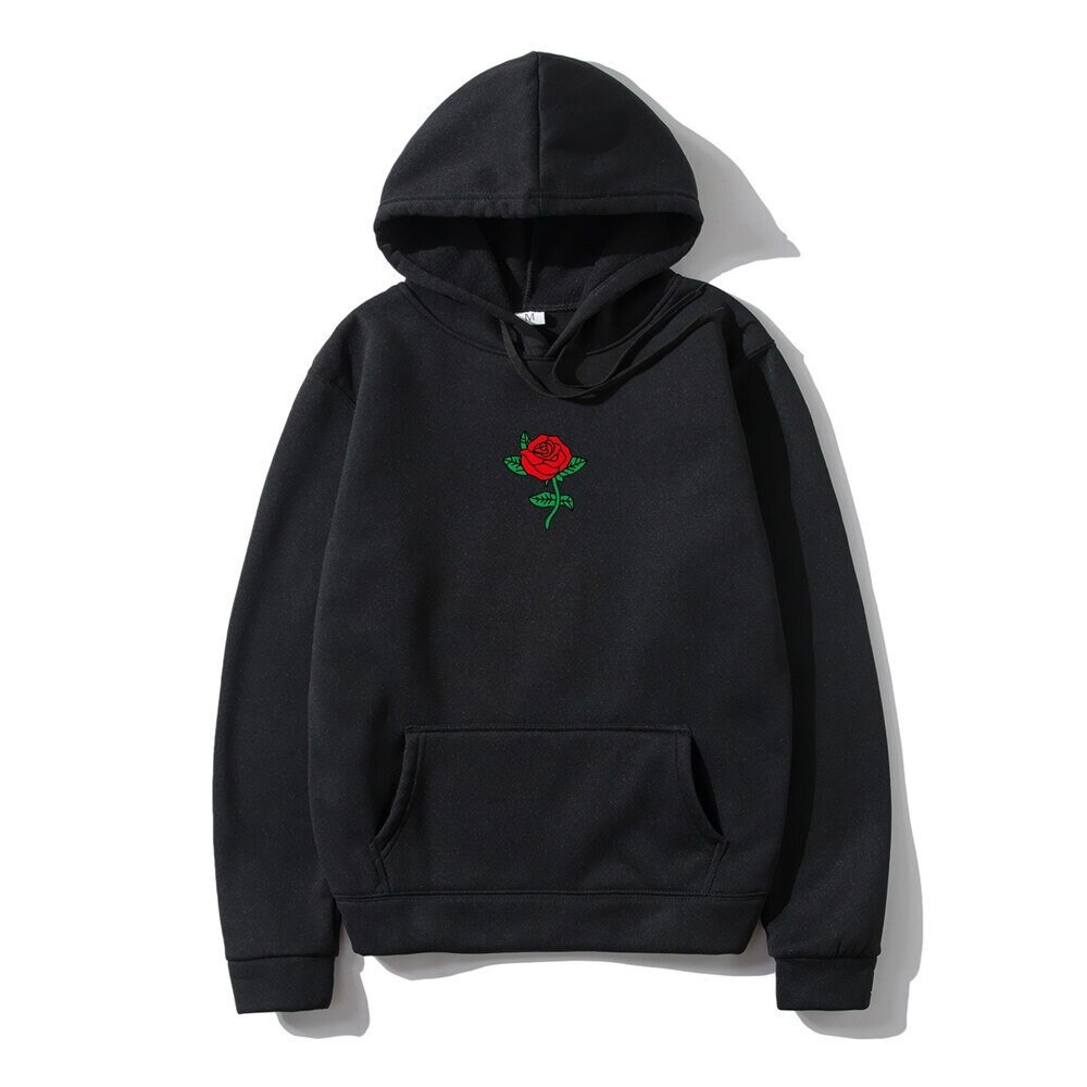  Men's Black Hoodie with Roses On Sleeves Red Flower Printed  Hooded Sweatshirt - Black - Small : Clothing, Shoes & Jewelry