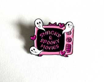 Snacks & Spooky Movies Enamel Pin — Halloween Pink Retro TV with Ghosts