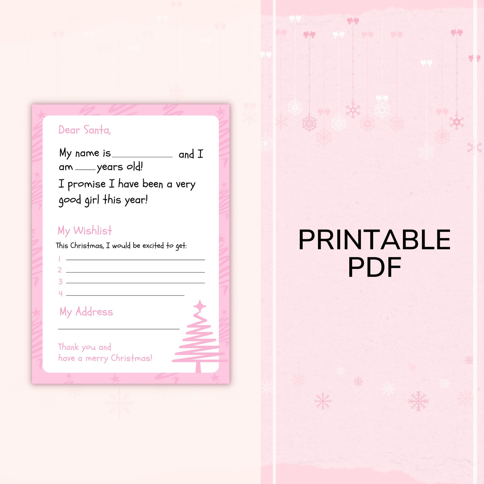 A4 Pink Girls Letter to Santa Printable | Santa Letter Instant Download ...
