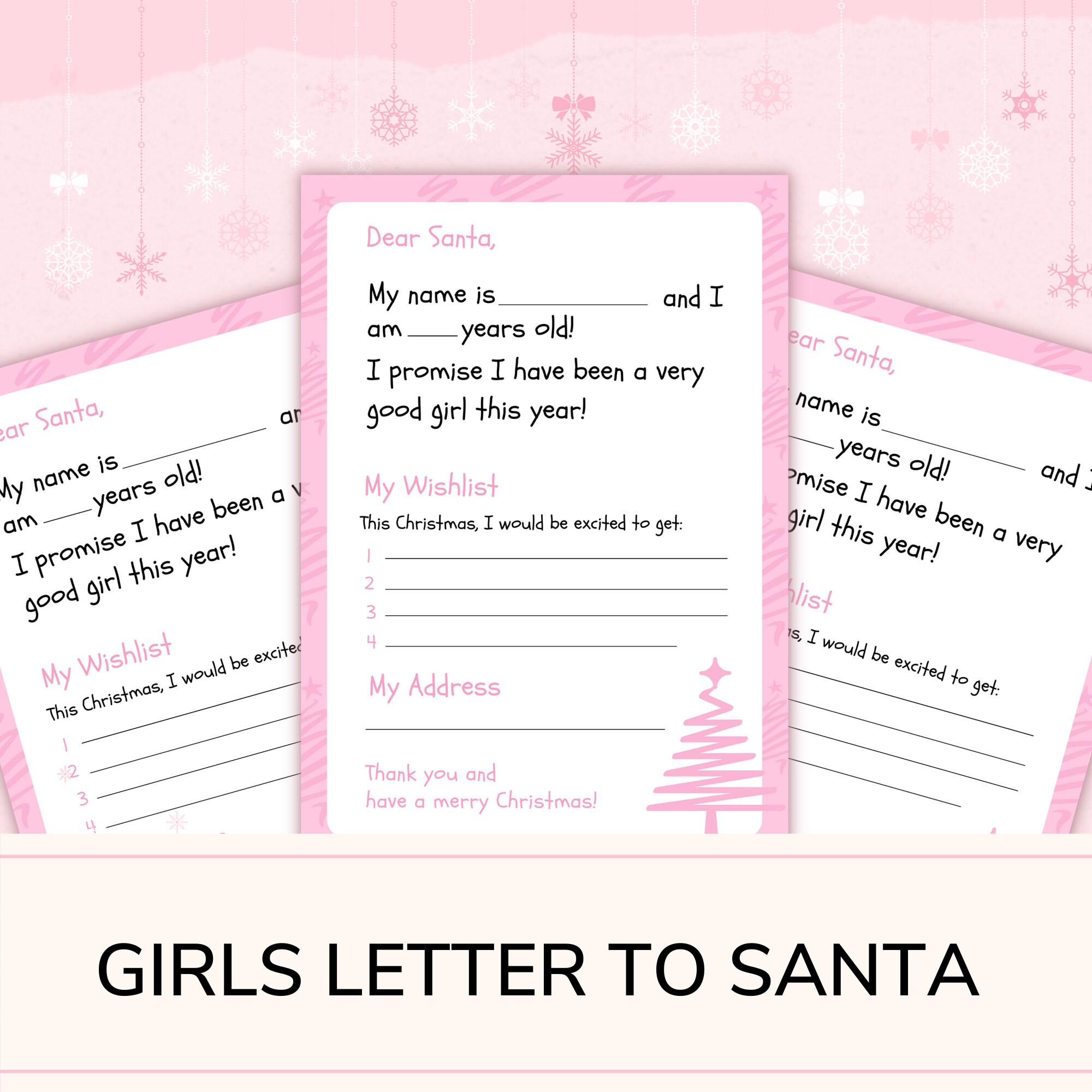 A4 Pink Girls Letter to Santa Printable | Santa Letter Instant Download ...