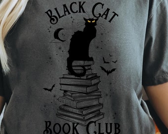 Black Cat Book Club T-shirt voor Halloween cadeau voor boekenliefhebbers Shirt voor kattenliefhebbers Tee Spooky Cat Shirt voor herfst schoolse T-shirt voor lezers