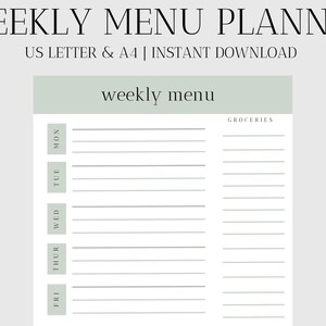 Wekelijkse menuplanner sjabloon en grafiek Boodschappenlijst Plan maaltijden Voedseldagboek Instant Download afdrukbare PDF