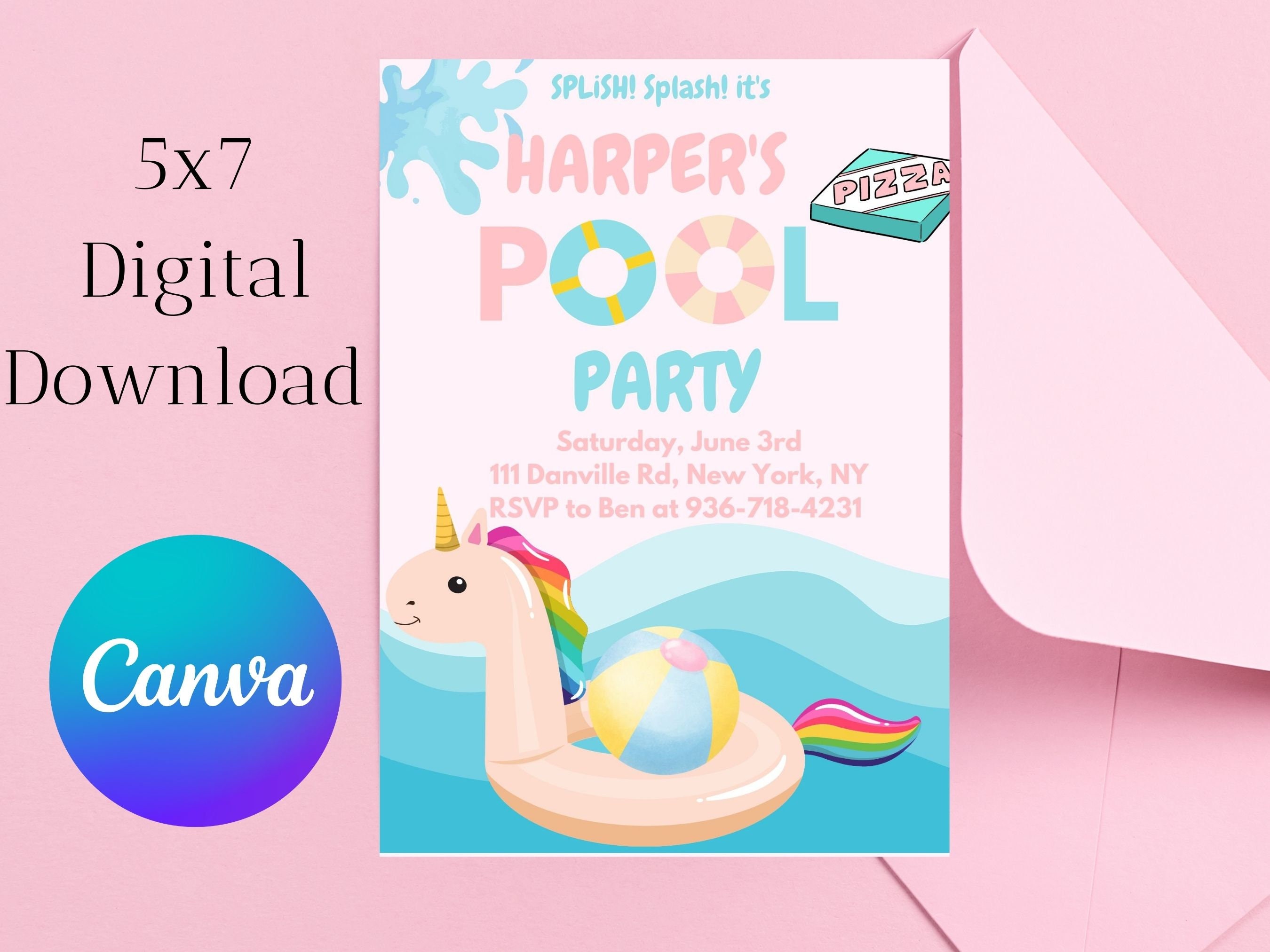 Printable Pizza and Pool Party Invitation for A Summer Celebration ...