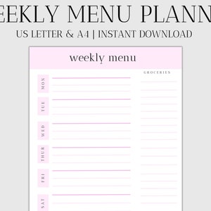 Wekelijkse menuplanner sjabloon en grafiek Boodschappenlijst Plan maaltijden Voedseldagboek Instant Download afdrukbare PDF