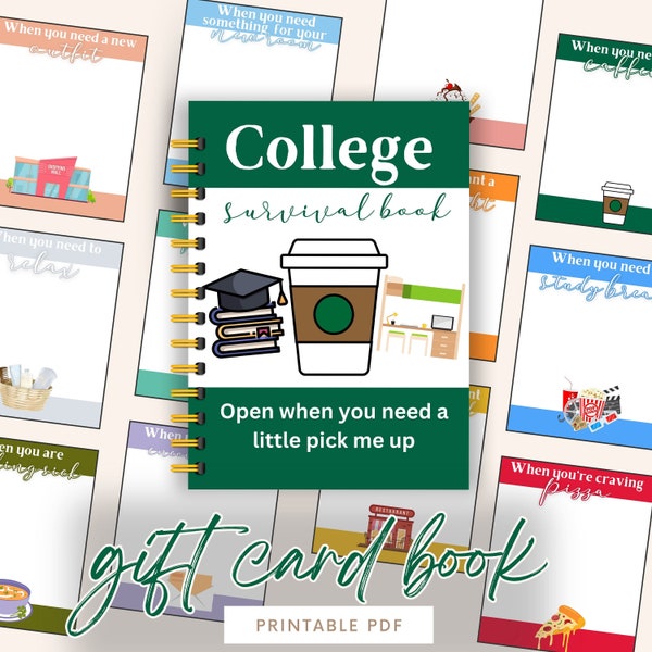 Printable College Gift Card Book, college care package, college gift card book, first year of college gift from parents, thoughtful college