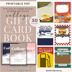 K&ouml;nnte beinhalten: Druckbarer PDF-Buch mit &uuml;ber 30 Geschenkkarten f&uuml;r Studenten. Die Cover-Optionen sind blau, beige und rosa mit Aquarell-Designs. Die Geschenkkarten sind mit Szenen aus dem Studentenleben illustriert, wie z. B. Benzinmangel, Koffeinbedarf und n&auml;chtliche Snacks.