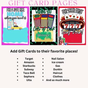 以下が含まれることがあります： さまざまなデザインのギフトカードページ。タクシー、宝くじ、カジノをテーマにしたものがあります。「For a Safe Ride Home」、「Lots of Luck」、「Big Win!」のテキストとお店のリストが含まれています。