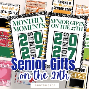 May include: Two spiral-bound notebooks with black and white composition-style covers. The left notebook reads MONTHLY MOMENTS and the right reads SENIOR GIFTS ON THE 27TH. Both feature the text SENIOR 2027 in large green and black block lettering.