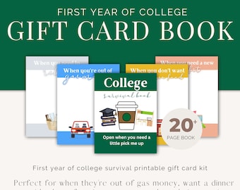 May include: Printable PDF gift card book for college students. The book has 20+ pages with different gift card ideas for various situations, such as when they need gas money, want to eat out, or explore their new city.  The cover features a green coffee cup, a stack of books, and a graduation cap.