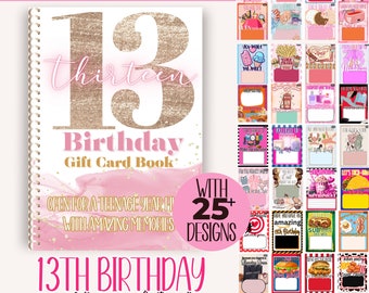 13th birthday Gift Card Book, thirteenth birthday gift card book printable teenager bday day gift for daughter, birthday gift from parents