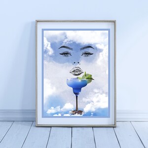 Heavenly Blue Margarita Bar Cart Wall Art Print, elegante thuisbar, decor eetkamer Den Pub, unieke esthetische muurbedel, digitale download