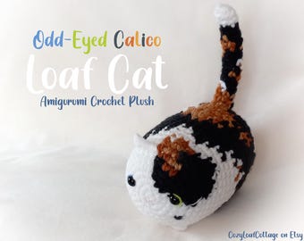 Gato calicó de ojos anómalos * Peluche amigurumi de ganchillo * Terminado Completado Gatito de peluche Gatito carey y blanco azul verde Listo para enviar