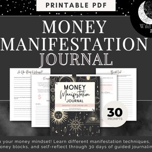 May include: A printable PDF journal with a black and gold design featuring a crescent moon and stars. The journal is titled "Money Manifestation Journal" and includes 30 prompts to help you work on your money mindset and manifest your dream life.
