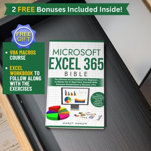 A Microsoft Excel bible written by Harjit Suman is sat in an opened computer desk drawer. To the right provides information on two free bonuses that are included with the book.