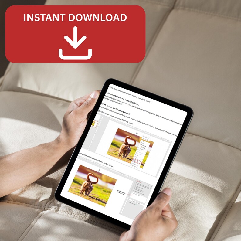 Puede incluir: Una tableta negra que muestra un tutorial digital sobre c&oacute;mo a&ntilde;adir texto alternativo a las im&aacute;genes. La pantalla muestra texto instructivo y dos im&aacute;genes de ejemplo de un gato con una cola en forma de coraz&oacute;n. Una franja roja dice INSTANT DOWNLOAD.