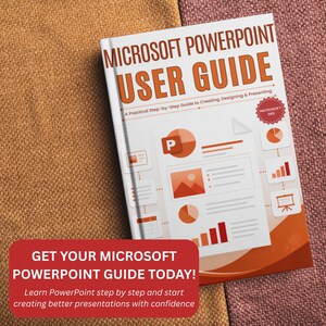Puede incluir: Un libro blanco titulado Microsoft PowerPoint User Guide con texto y gr&aacute;ficos en naranja. La portada presenta una insignia de Microsoft 365, un logotipo de PowerPoint y varios iconos de gr&aacute;ficos. Una superposici&oacute;n roja en la parte inferior contiene el texto: GET YOUR MICROSOFT POWERPOINT GUIDE TODAY! Learn PowerPoint step by step and start creating better presentations with confidence.
