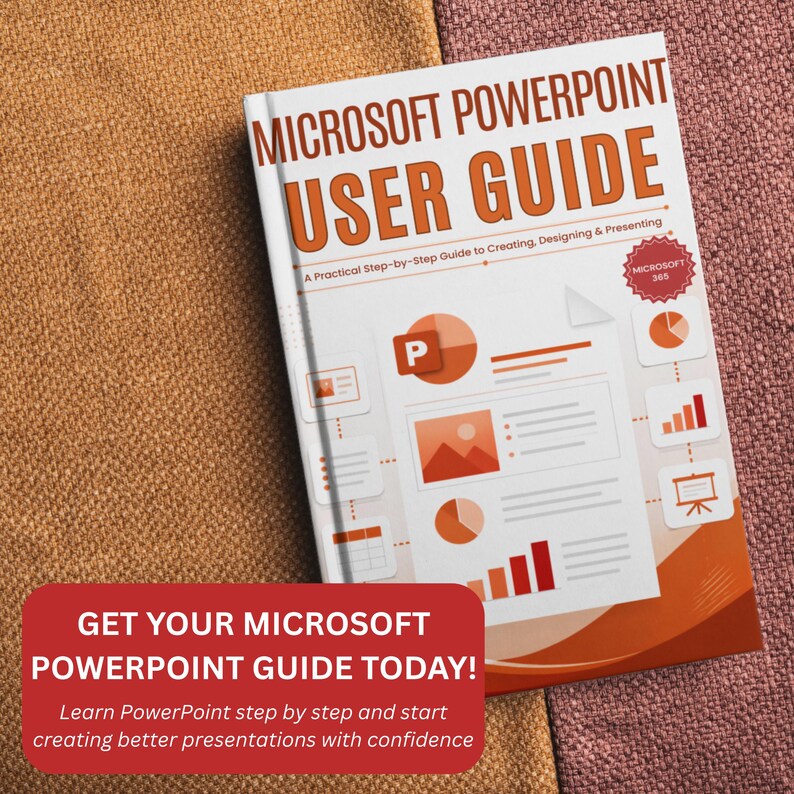 Puede incluir: Un libro blanco titulado Microsoft PowerPoint User Guide con texto y gr&aacute;ficos en naranja. La portada presenta una insignia de Microsoft 365, un logotipo de PowerPoint y varios iconos de gr&aacute;ficos. Una superposici&oacute;n roja en la parte inferior contiene el texto: GET YOUR MICROSOFT POWERPOINT GUIDE TODAY! Learn PowerPoint step by step and start creating better presentations with confidence.