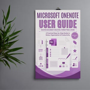 Può includere: Un poster rettangolare intitolato Microsoft OneNote User Guide, con testo e grafiche viola. Il design include un layout centrale di documento con icone per note, elenchi e diagrammi, oltre a un badge Microsoft 365 su uno sfondo bianco.