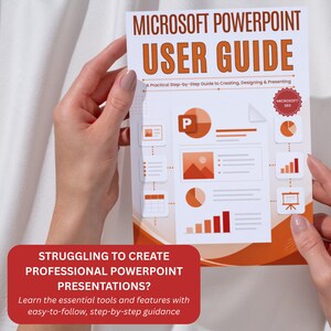 Puede incluir: Una gu&iacute;a de usuario de Microsoft PowerPoint con portada blanca, texto y gr&aacute;ficos en naranja. El t&iacute;tulo dice Microsoft PowerPoint User Guide, A Practical Step-by-Step Guide to Creating, Designing & Presenting, e incluye una insignia de Microsoft 365.