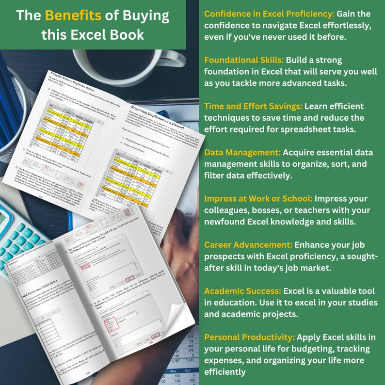 Two Excel eBooks which are open displaying the contents of some pages. To the right of the books is a list of benefits the book will provide to the readers.