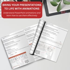 Puede incluir: Una gu&iacute;a de instrucciones impresa titulada BRING YOUR PRESENTATIONS TO LIFE WITH ANIMATIONS. El documento presenta texto negro sobre papel blanco, detallando pasos para PowerPoint, incluyendo im&aacute;genes de men&uacute;s de software y barras de herramientas.