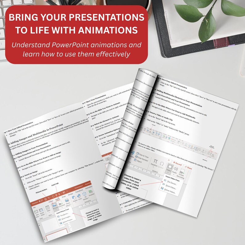 Puede incluir: Una gu&iacute;a de instrucciones impresa titulada BRING YOUR PRESENTATIONS TO LIFE WITH ANIMATIONS. El documento presenta texto negro sobre papel blanco, detallando pasos para PowerPoint, incluyendo im&aacute;genes de men&uacute;s de software y barras de herramientas.
