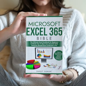 A lady wearing a white woolly jumper and jeans is sat down holding an Excel eBook which includes how to write awesome Excel formulas.