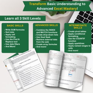 Two Microsoft Office 365 Excel books which are both open. Above the Excel guide contains information on the basic, intermediate, and advanced Excel skills you will learn from the Excel guides.