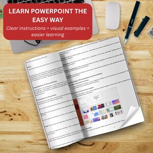 Puede incluir: Una gu&iacute;a impresa titulada LEARN POWERPOINT THE EASY WAY con el subt&iacute;tulo Clear instructions + visual examples = easier learning. El documento contiene texto y una captura de pantalla de una pantalla de selecci&oacute;n de plantillas de PowerPoint.