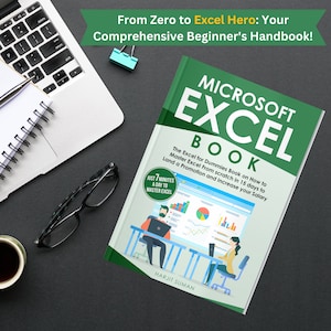 An Excel guide book sat on a black office desk. To the left of the guide is a laptop, pair of glasses, a board clip and a notepad.