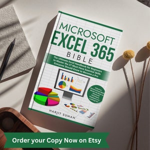 An Excel guide authored by Harjit Suman is sat on a cream desk displaying the front cover. Underneath the Excel book contains text which says you can order your copy from Etsy now.