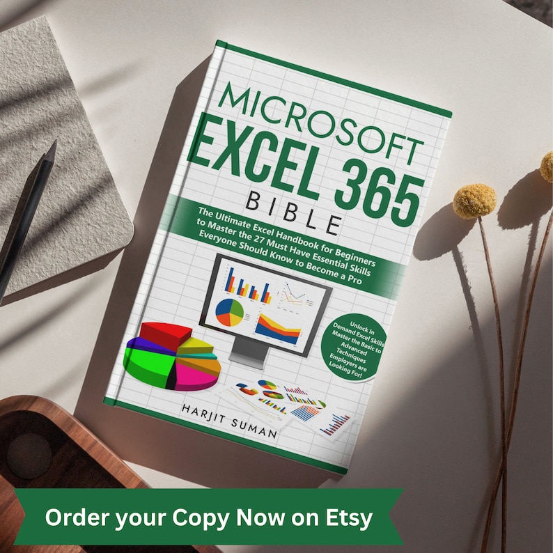An Excel guide authored by Harjit Suman is sat on a cream desk displaying the front cover. Underneath the Excel book contains text which says you can order your copy from Etsy now.