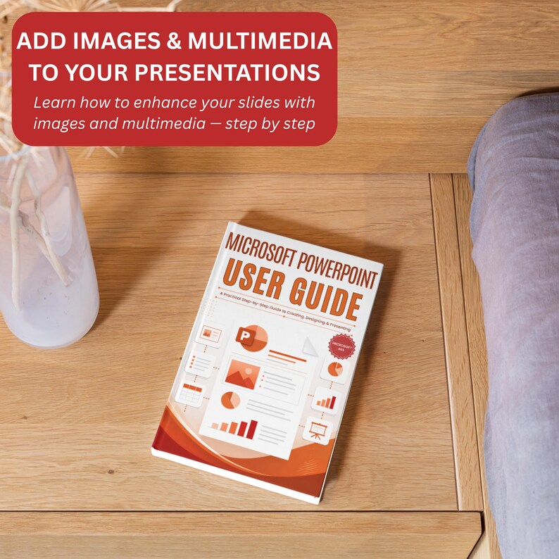 Puede incluir: Un manual de usuario de Microsoft PowerPoint con cubierta blanca, detalles en naranja y gr&aacute;ficos de diapositivas. El texto dice: ADD IMAGES & MULTIMEDIA TO YOUR PRESENTATIONS. Learn how to enhance your slides with images and multimedia.