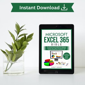 A kindle displaying an Excel book cover is sat upright. To the left of the kindle is a glass of water with a plant in it. Above the kindle and glass of water contains text which says the Excel book is an instant download.