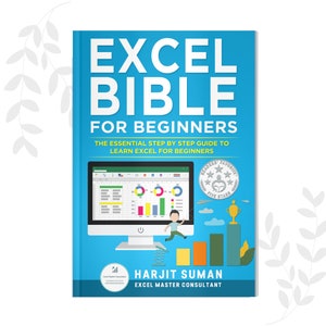 May include: A blue book cover with the title "Excel Bible for Beginners" in white text. The cover features a computer screen showing a spreadsheet with charts and graphs, a cartoon character jumping over a spring, and a trophy on a podium. The book is described as "The Essential Step by Step Guide to Learn Excel for Beginners".