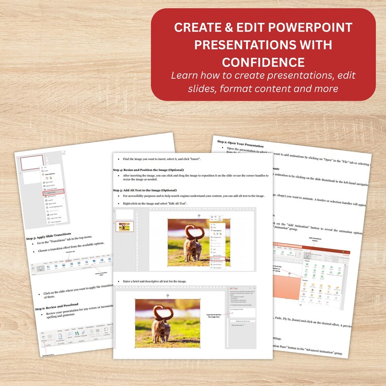 Puede incluir: Una gu&iacute;a instructiva de varias p&aacute;ginas titulada CREATE & EDIT POWERPOINT PRESENTATIONS WITH CONFIDENCE. El documento presenta pasos numerados, texto y capturas de pantalla que muestran c&oacute;mo insertar im&aacute;genes, a&ntilde;adir texto alternativo y aplicar transiciones de diapositivas.