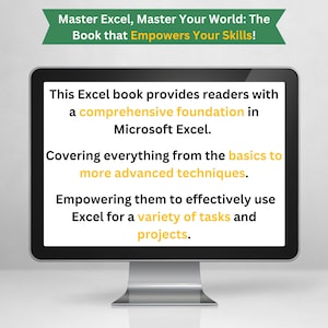 A computer monitor which contains text in the screen highlighting the benefits the reader will get from reading an Excel for beginners book written by Harjit Suman.