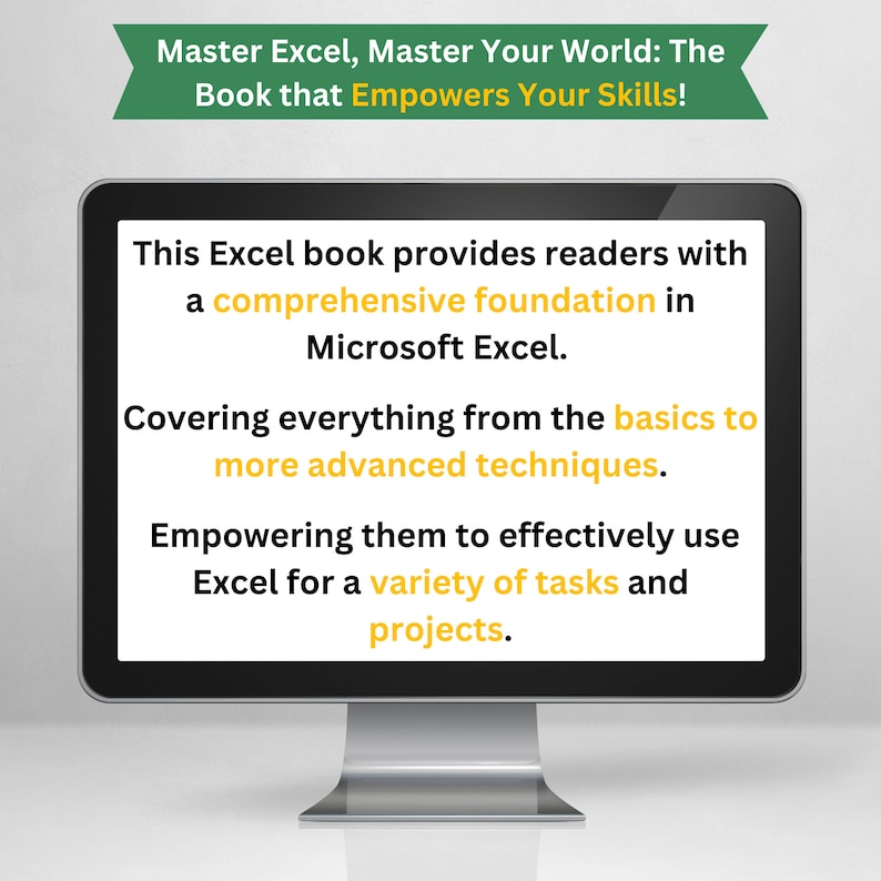 A computer monitor which contains text in the screen highlighting the benefits the reader will get from reading an Excel for beginners book written by Harjit Suman.