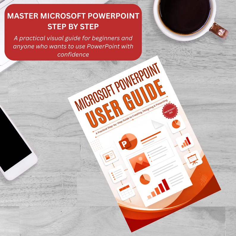 Puede incluir: Un libro blanco titulado Microsoft PowerPoint User Guide con texto y gr&aacute;ficos en naranja. La portada presenta una ilustraci&oacute;n central de un documento con gr&aacute;ficos, un calendario y el logotipo de PowerPoint. Una insignia roja indica la compatibilidad con Microsoft 365.
