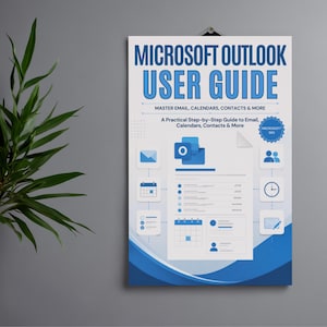 Puede incluir: Un póster rectangular blanco titulado Microsoft Outlook User Guide en texto azul en negrita. Presenta un gráfico central de la interfaz de Outlook, rodeado de iconos para correo, calendarios y contactos, con una insignia de Microsoft 365.