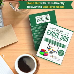 Two Excel for beginners books sat on a wooden office desk. There is a mug of black coffee below the Excel books. One book is facing upwards and the other is underneath showing the back cover.