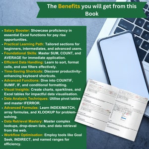 A list of benefits for an Excel for dummies book authored by Harjit Suman is to the right. To the left is the opened MS Excel book displaying two pages.