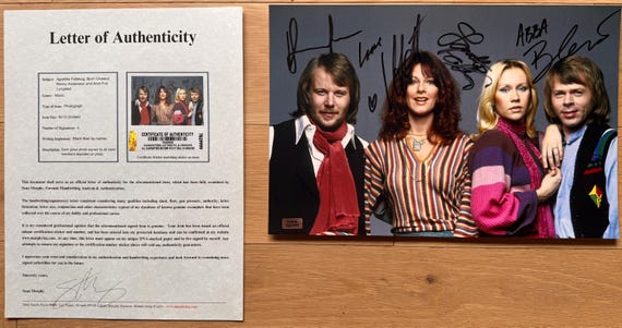アバABBA直筆サイン ABBA オリジナルバンドのサイン入り 8 x 12 インチ写真 + COA