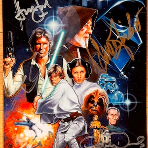 May include: A colorful illustration of characters from the Star Wars franchise, including Luke Skywalker, Princess Leia, Han Solo, Chewbacca, and Darth Vader. The image is signed by the actors who played these roles: Mark Hamill, Carrie Fisher, Harrison Ford, Peter Mayhew, and James Earl Jones. The signatures are in silver and gold ink.