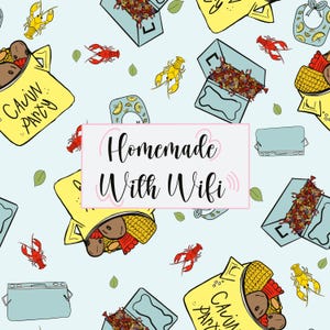 May include: A light blue background with a repeating pattern of yellow and red crawfish, green leaves, and blue coolers. The image includes yellow bags with the text "Cajun Party" and a pink rectangle with the words "Homemade With Wifi".