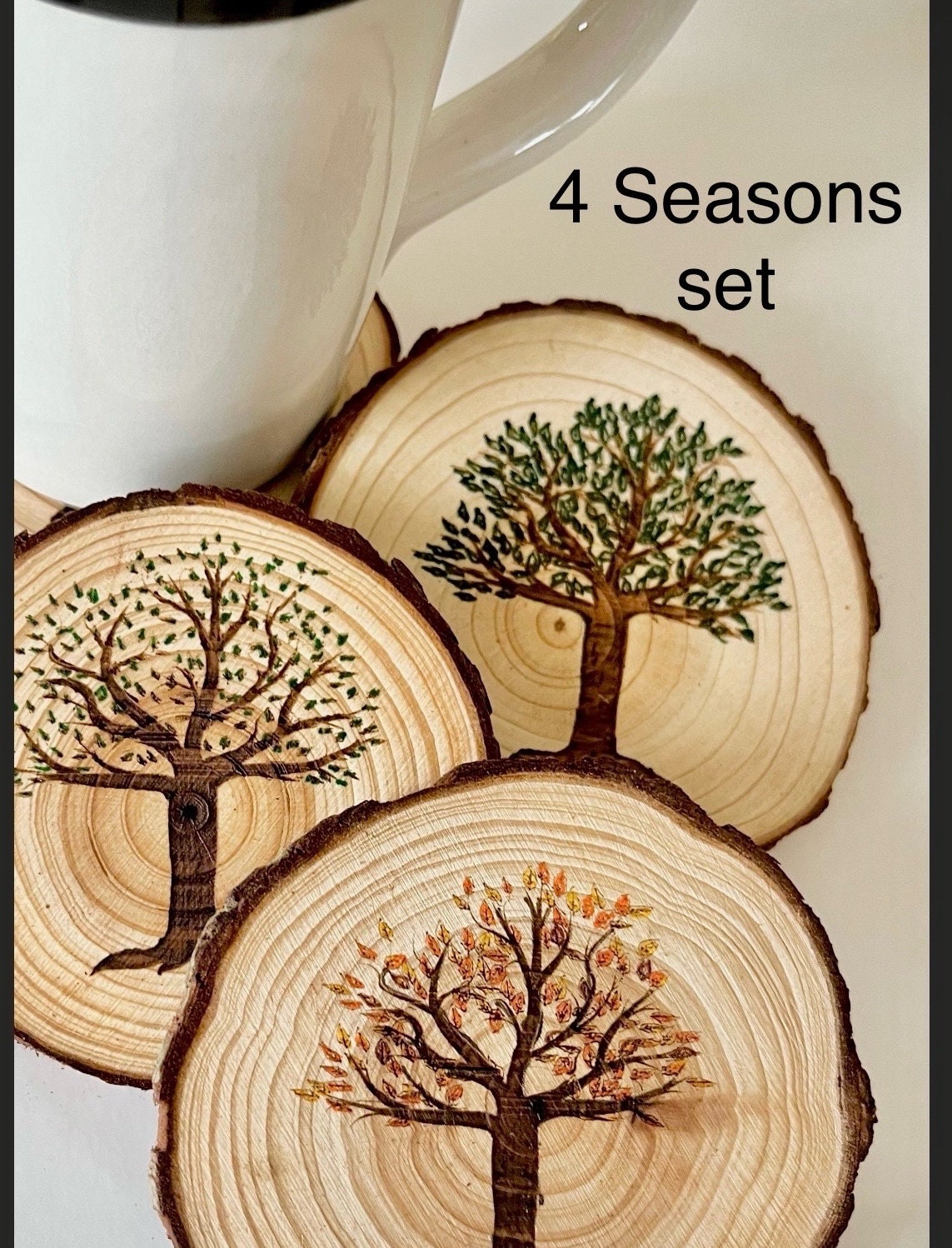 Tree Coaster Engraved Wood Tree Coasters Round Forest Mountain Decor Pine Tree Oak ...