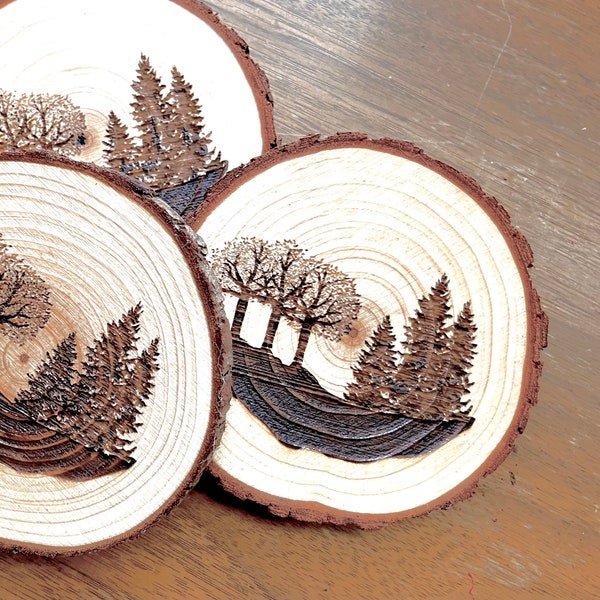 Engraved Wood Tree Coasters Round Forest Mountain Decor Pine Tree Oak Wood Burn Wedding Favor Anniversary Gift Personalized, 3 Rustic Design